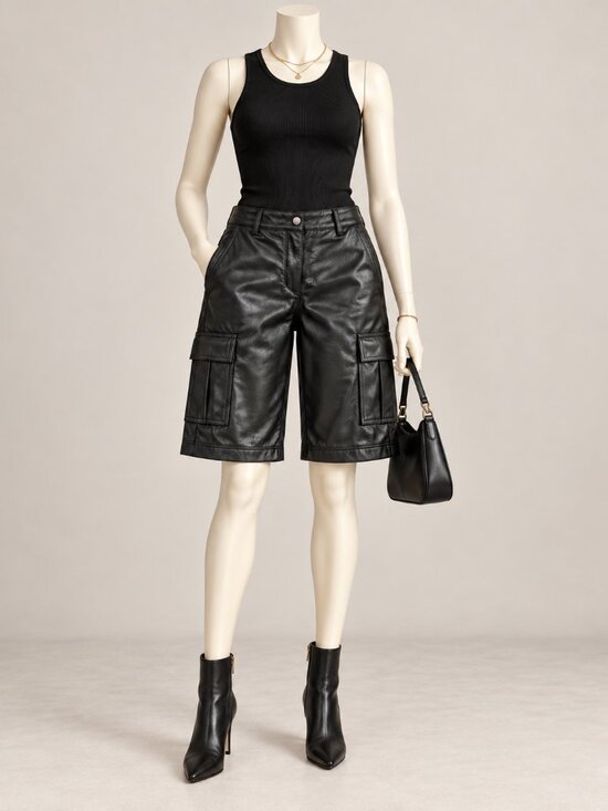 BCBGMaxAzria Pants - BCBGMAXAZRIA Black Genuine Lamb Leather Cargo Bermuda Shorts Size L Moto Y2K